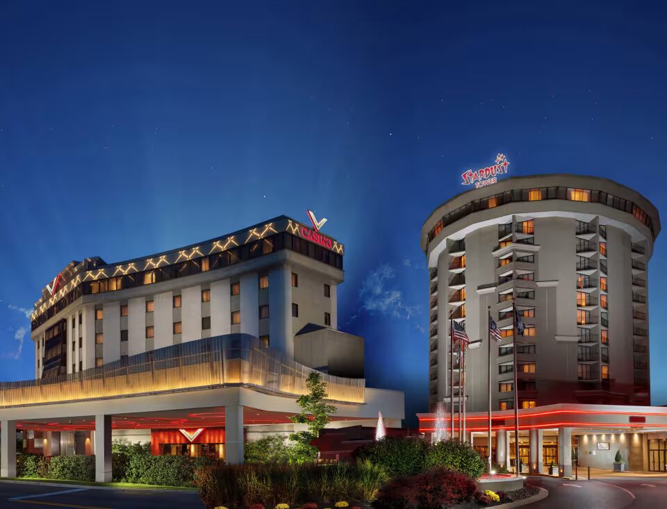 Valley Forge Casino Resort exterior at dusk